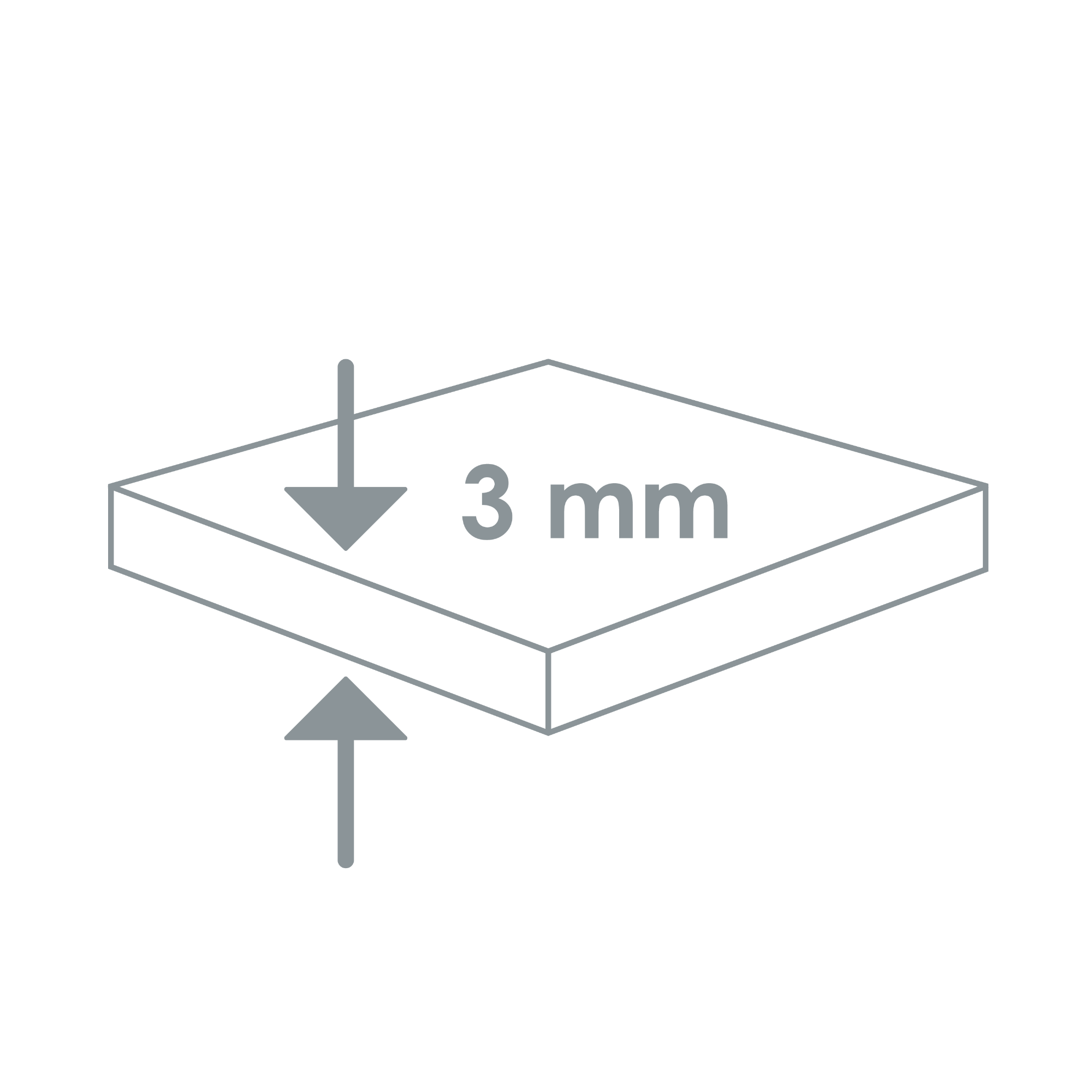 Symbol für Materialstärke: 3 mm Stahl optisch dargestellt in grau auf weißem  Hintergrund
