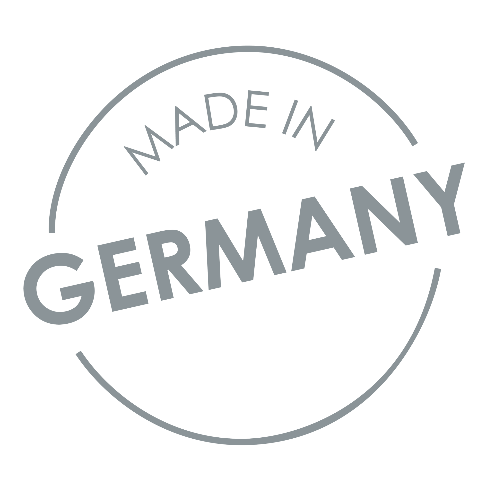 Rundes Icon Made in Germany in grauer Schrift auf weißem Grund.