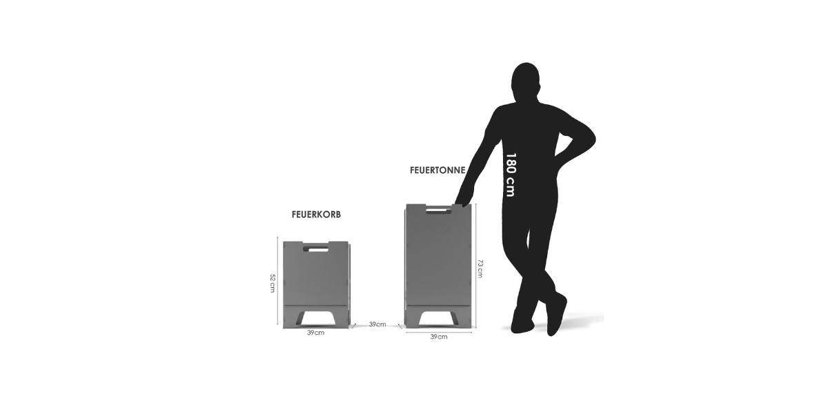 Stilisierter Größenvergleich: kleine und große Feuertonne im Verhältnis zu einer Person. Dunkle Silhouetten auf weißem Hintergrund.
