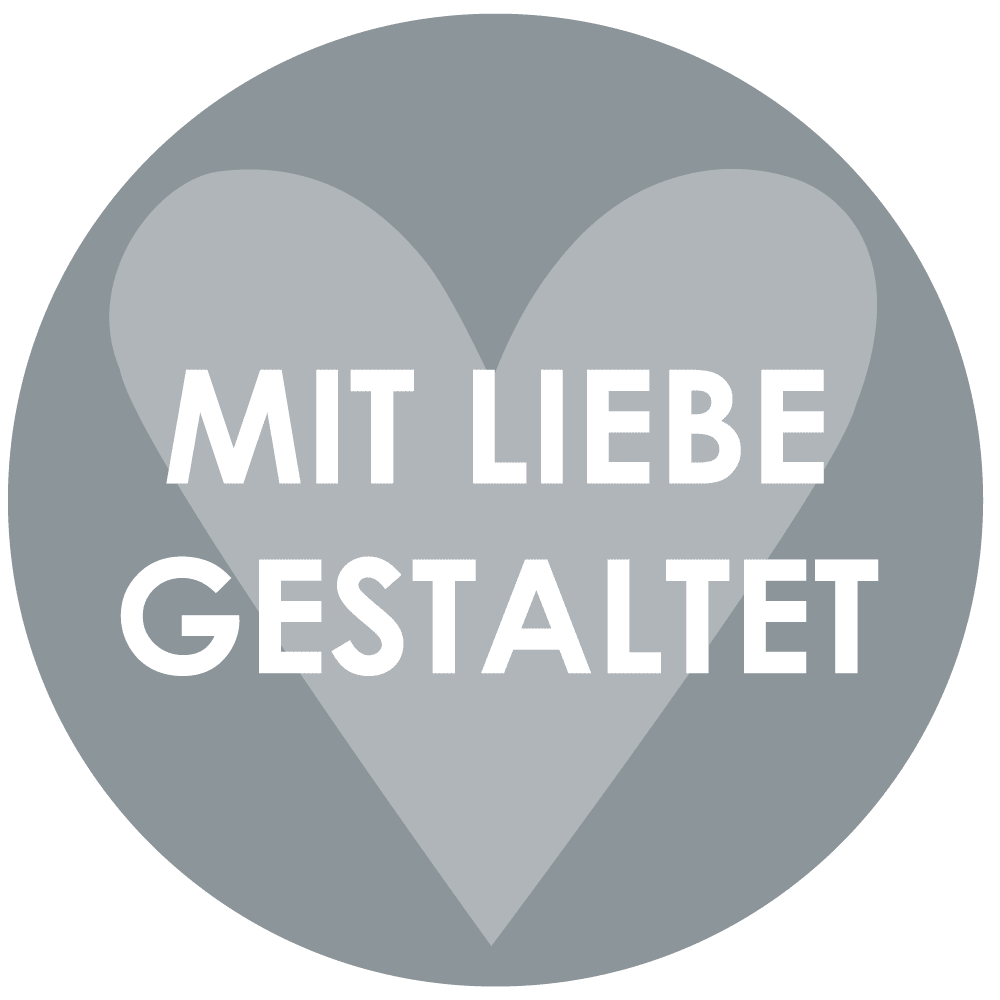 "Mit Liebe gestaltet" Icon – hellgraues Herzsymbol auf dunklerem Kreis als Hinweisgrafik
