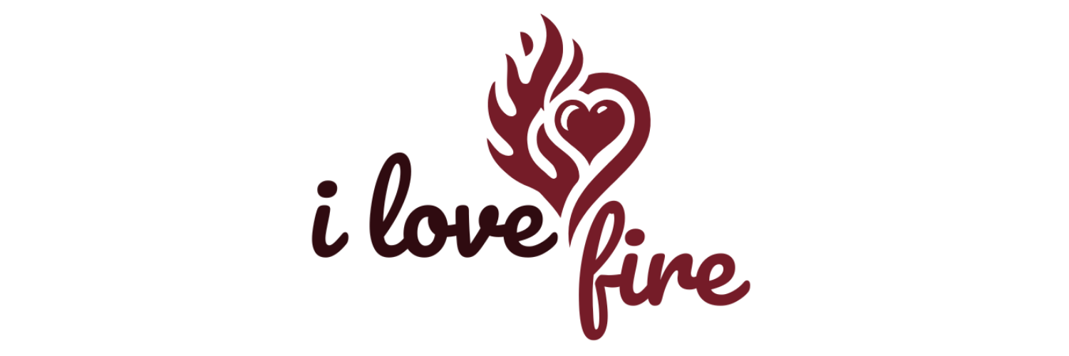 i love fire LOGO - als rot gefüllte Schrift auf dunklem Hintergrund