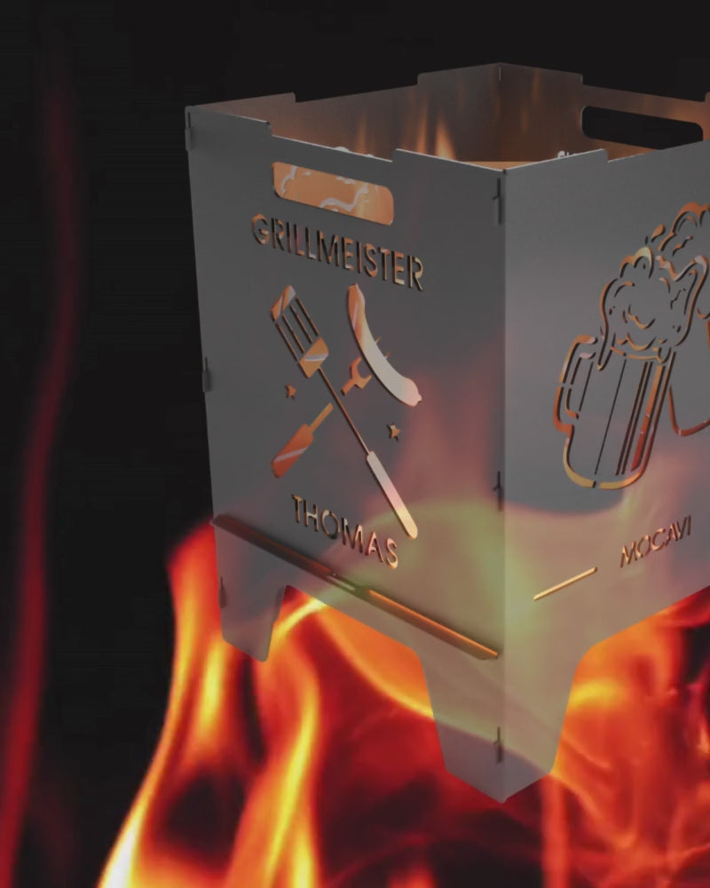 Video laden: Video ohne Ton mit rot lodernder Flamme im Hintergrund, im Vordergrund eine personalisierte Feuertonne mit GRILLMEISTER Motiv.