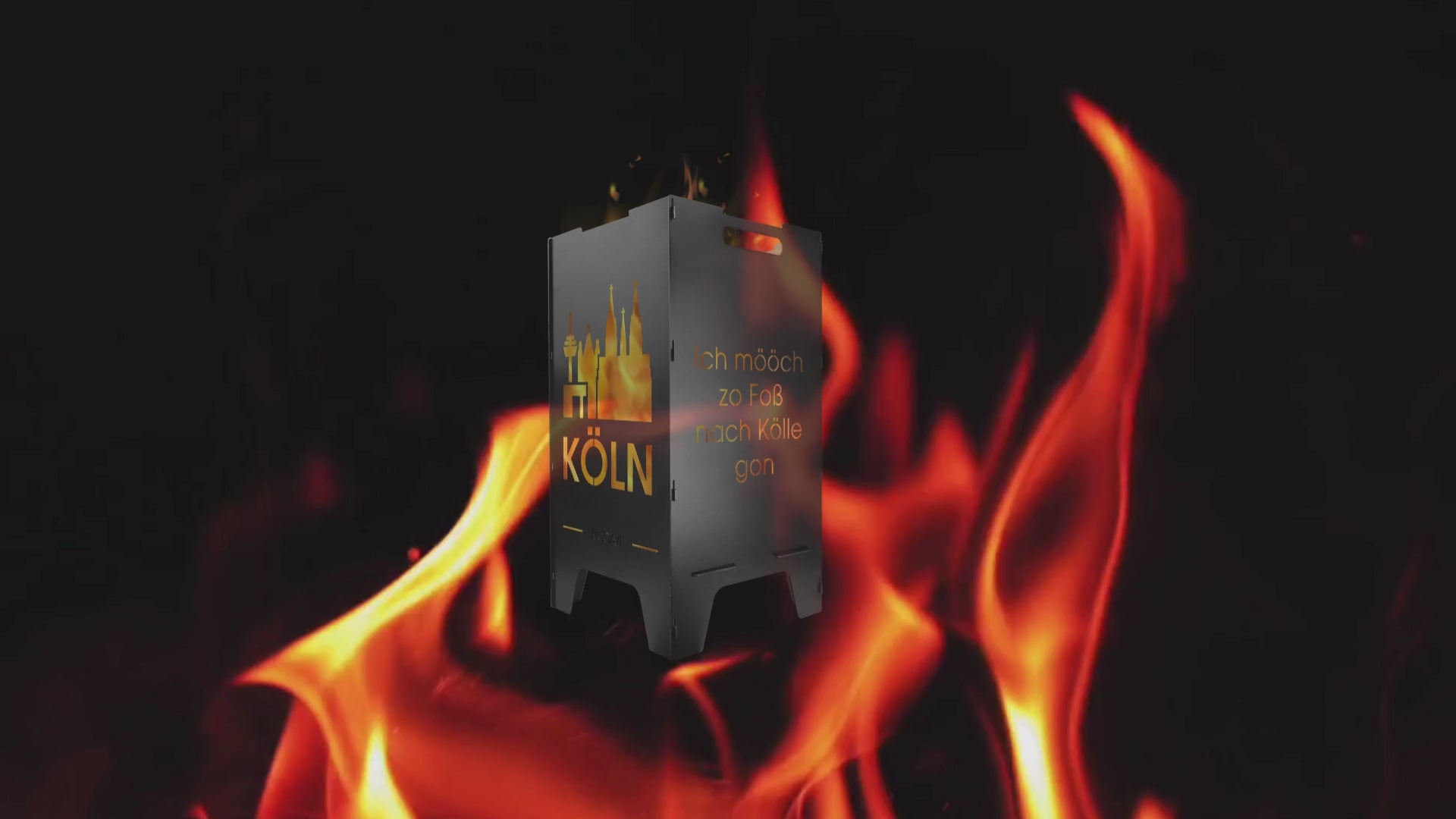 Video laden: Video ohne Ton mit rot lodernder Flamme im Hintergrund, im Vordergrund Feuertonne.