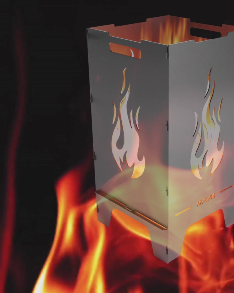 Video laden: Video ohne Ton mit rot lodernder Flamme im Hintergrund, im Vordergrund eine Feuertonne mit schlankem Flammen Motiv.