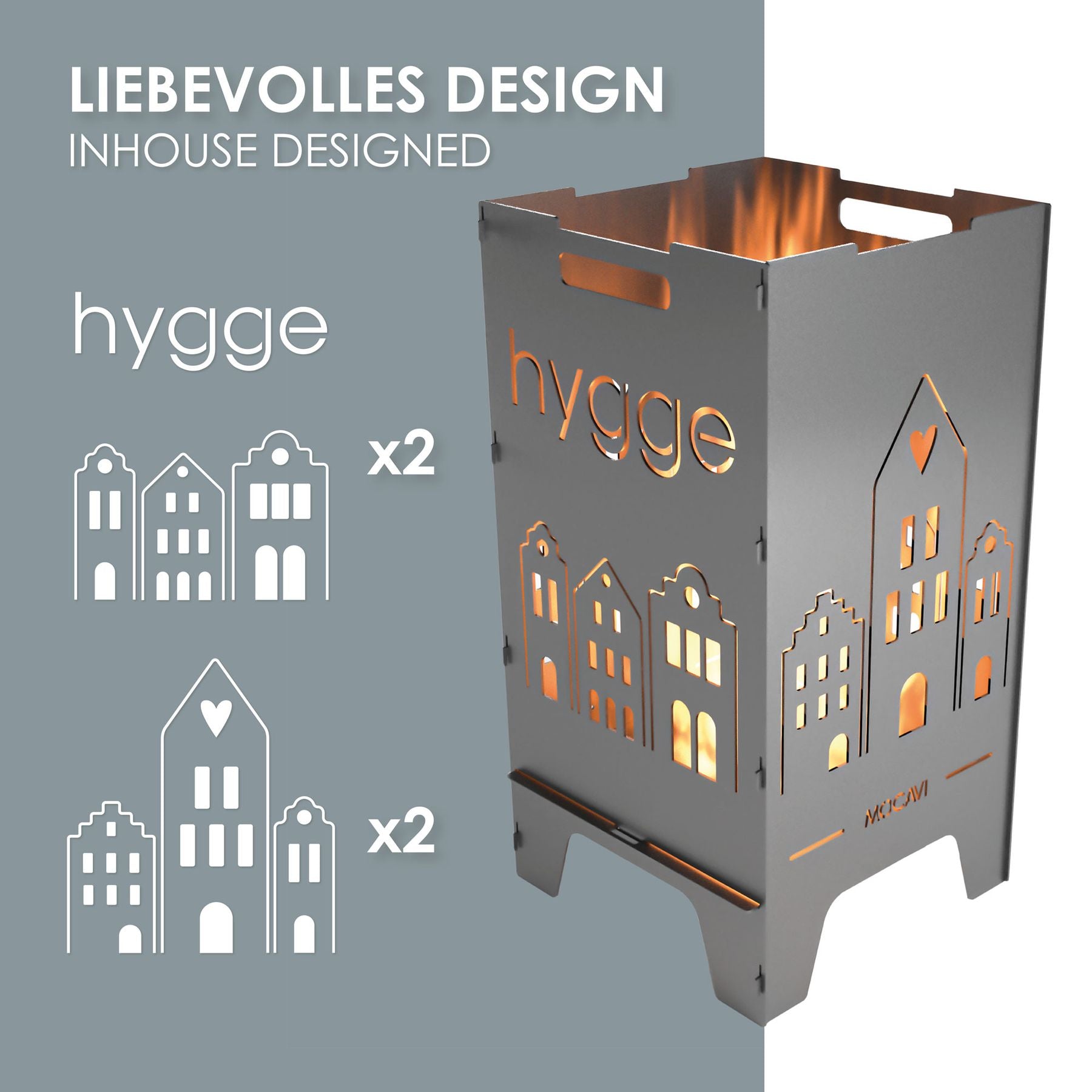 Feuerkorb MOCAVI Fire - liebevolles Design - Motiv Hygge - kleine und große Häuschen 