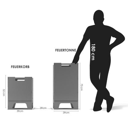 Darstellung von Feuertonne und Feuerkorb im Größenvergleich zu einer 1,80 m großen Silhouette einer Person.
