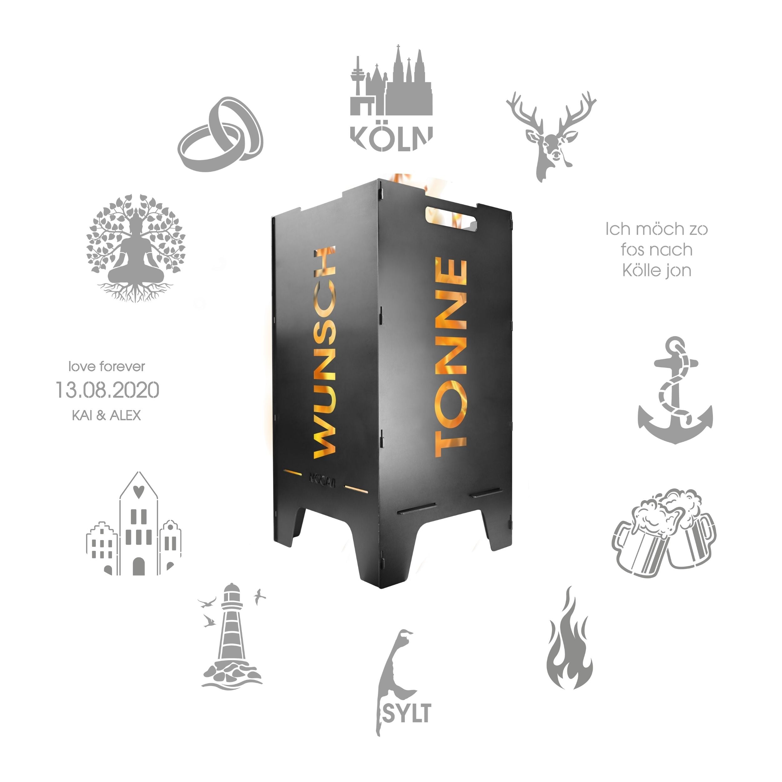 Feuertonne mit Wunschmotiv, Rost, Edelstahl