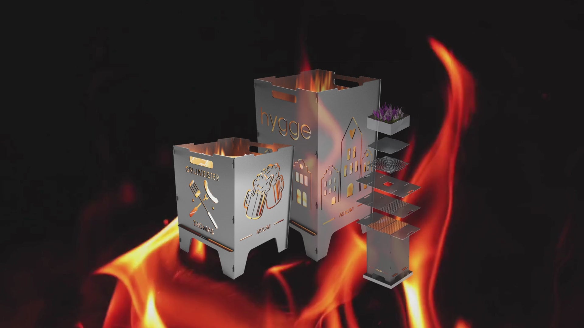 Video laden: Video ohne Ton: Kleine und große graue Feuertonnen mit unterschiedlichen Motiven und vor loderndem Flammenspiel. 