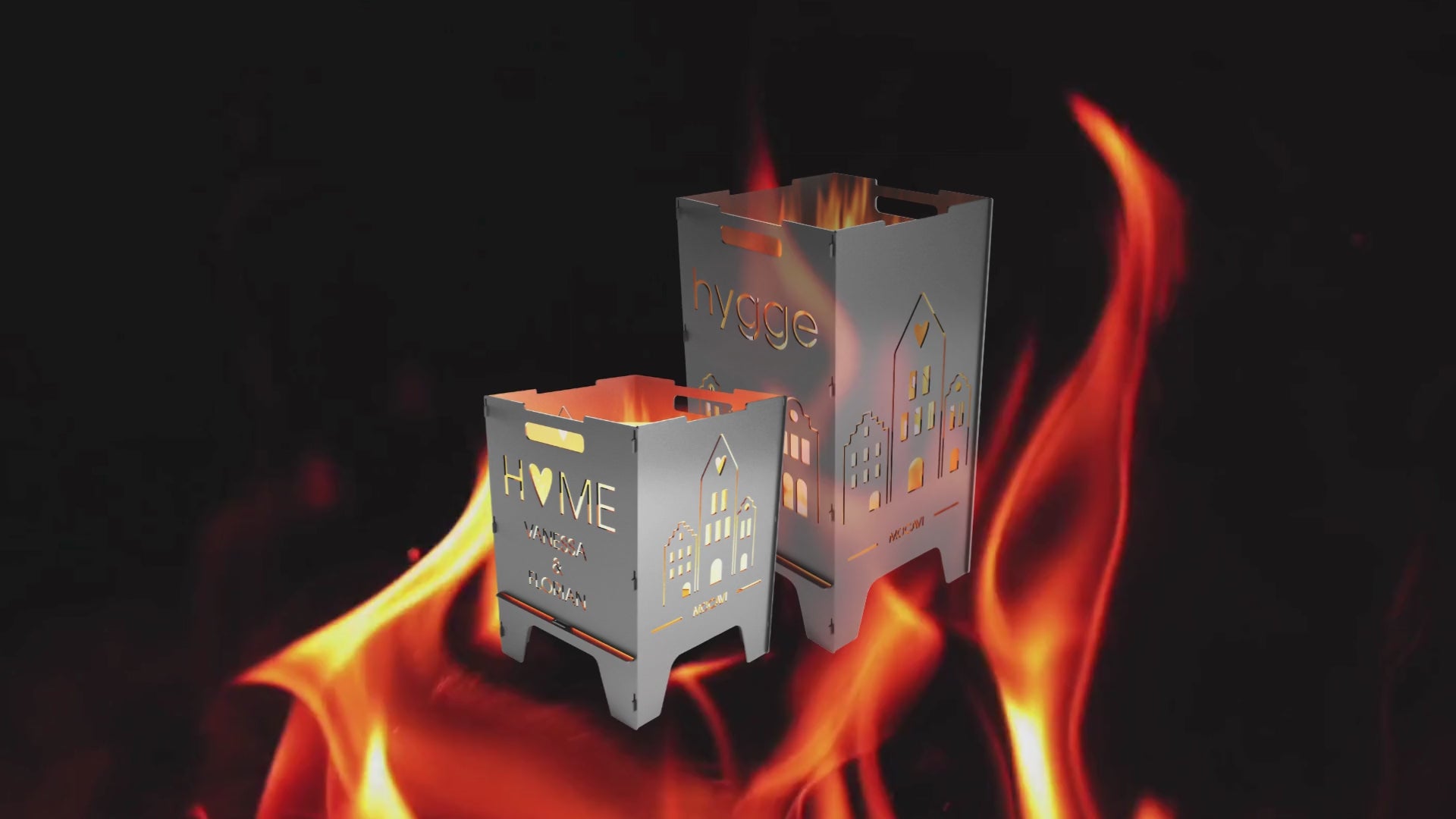 Video laden: Video ohne Ton: Kleine und große graue MOCAVI-Fire mit Hygge-Motiven vor loderndem Flammenspiel. 