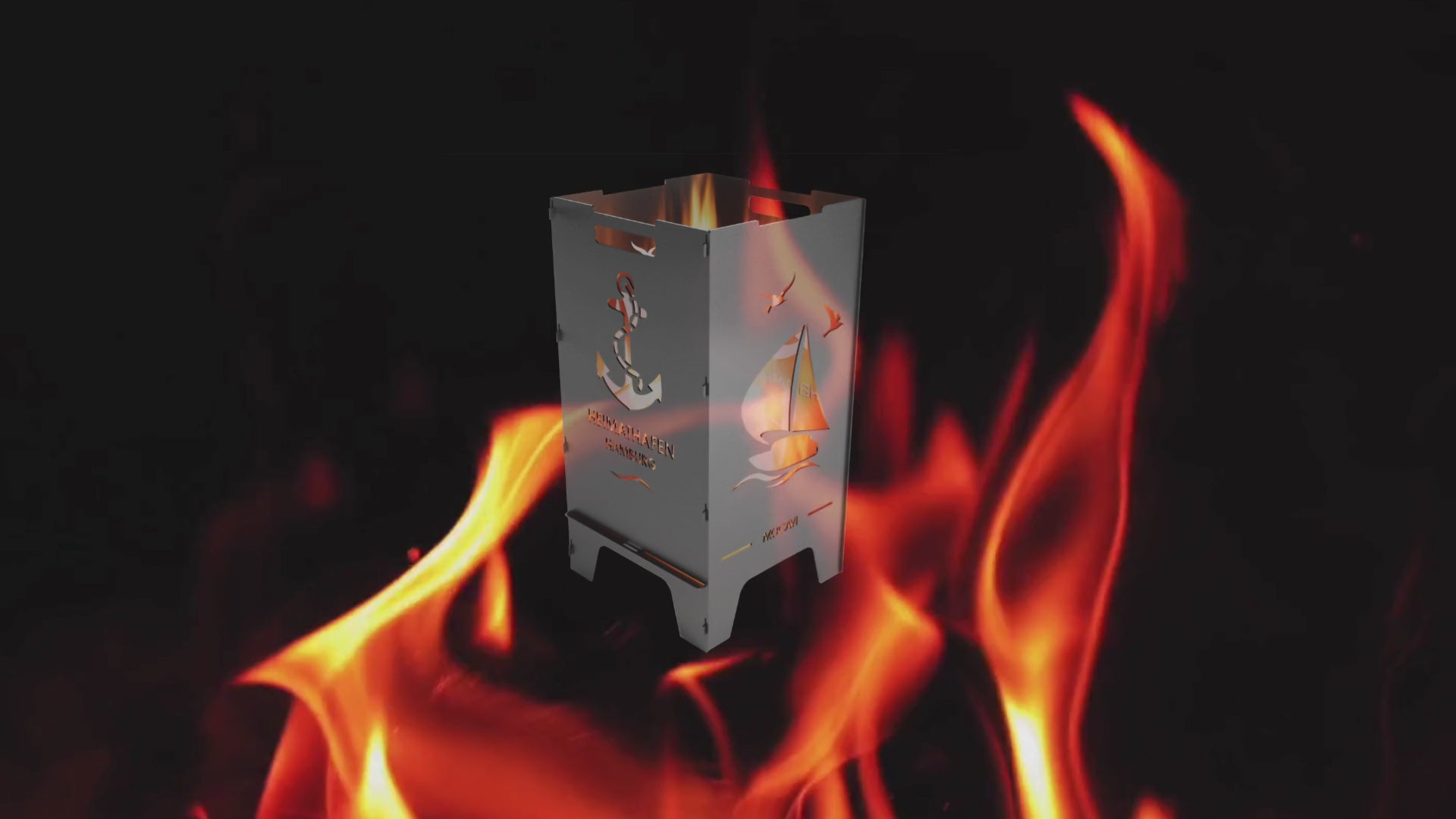 Video laden: Video ohne Ton mit rot lodernder Flamme, im Vordergrund eine Feuertonne, behagliches Video