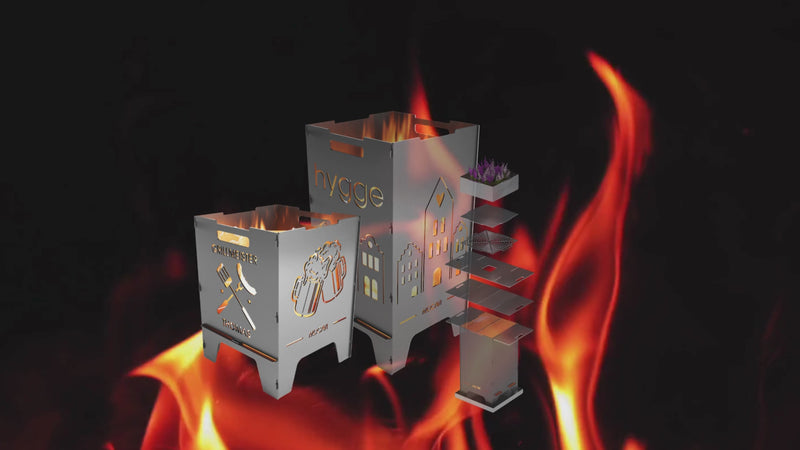 Video ohne Ton mit rot lodernder Flamme im Hintergrund, im Vordergrund ein Feuerkorb, Feuertonne und Zubehör - behagliches Video