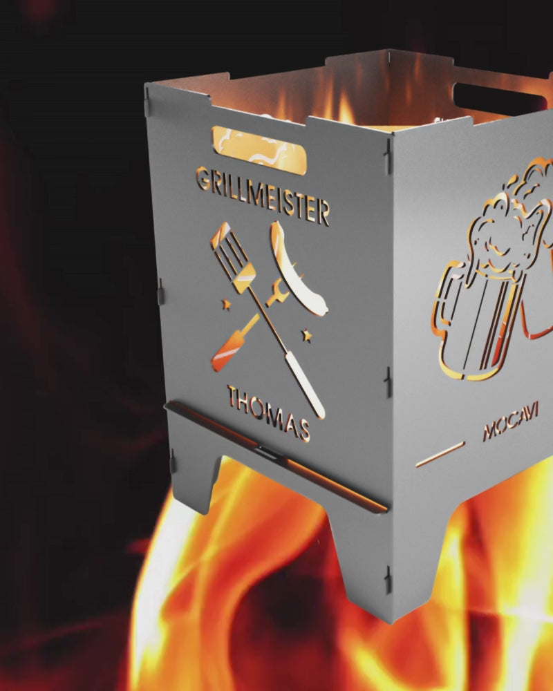 Entspannendes, wärmendes Video mit lodernden Flammen und Grillmeister- Motiv MOCAVI Feuerkorb.
