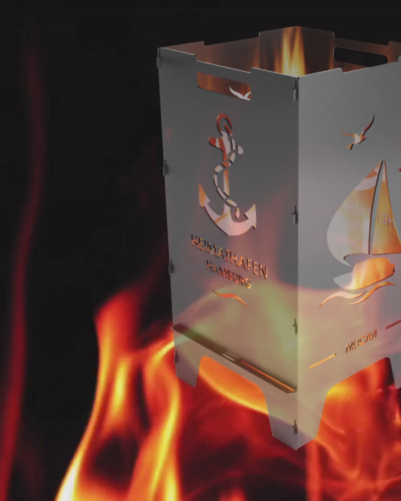 Video laden: Video ohne Ton mit rot lodernder Flamme im Hintergrund, im Vordergrund eine Feuertonne Heimathafen Motiv.